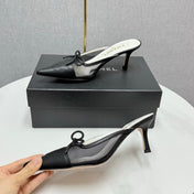 CC HEEL MULES 25S IN BLACK MESH FABRIC AND LAMBSKIN WITH BOW
