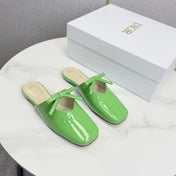 DIOR 26S PEARL-ACCENT BOW FLAT MULES IN FRESH GREEN GLOSSY CALFSKIN