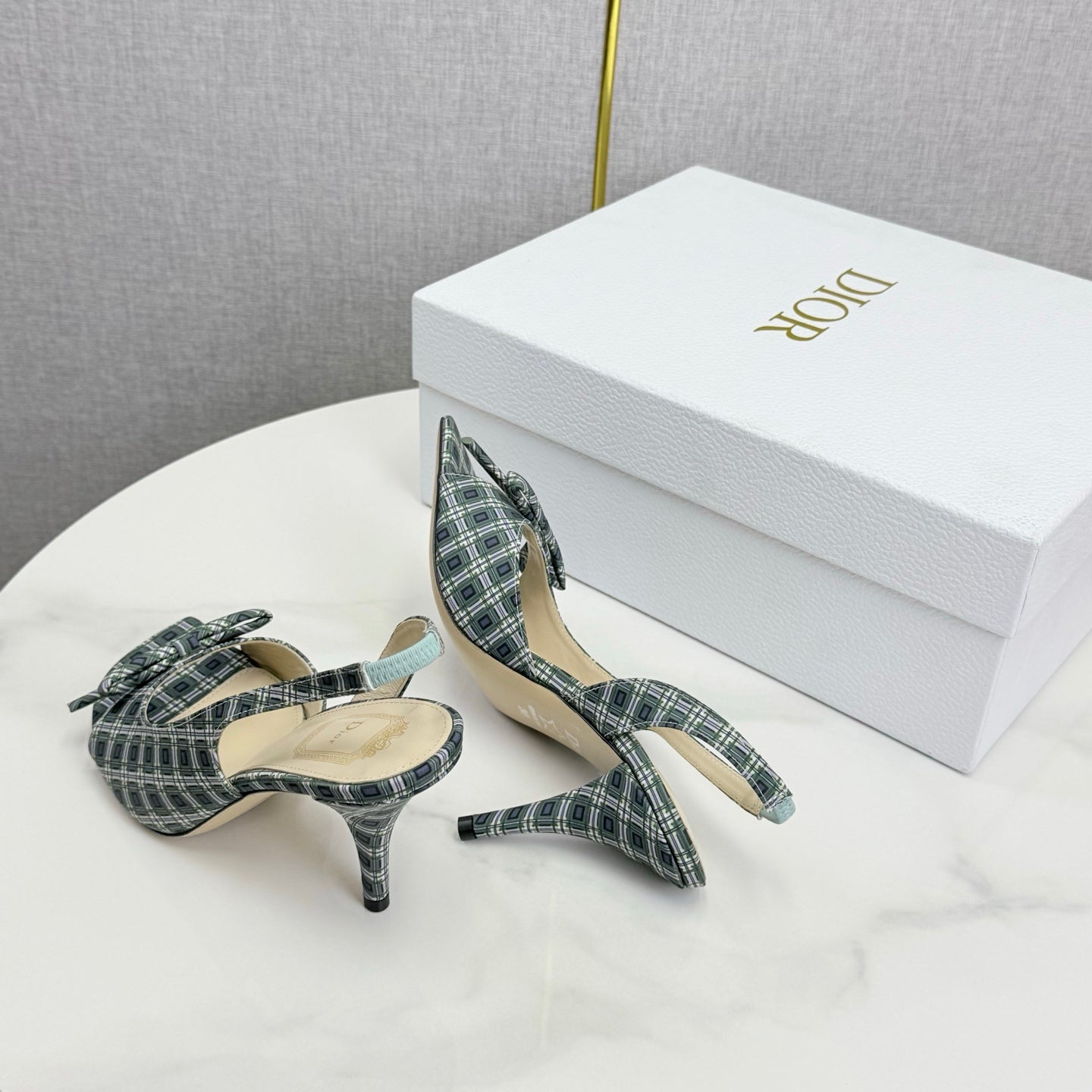 DIOR 26S HIGH-HEEL BACK-STRAP SHOES FABRIC WITH PLAID PATTERN