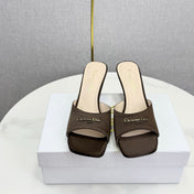 DIOR 26S HIGH-HEELED MULES IN DARK BROWN SATIN GOLD HARDWARE
