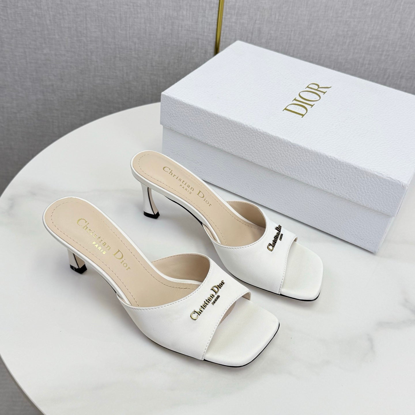 DIOR 26S HIGH-HEELED MULES IN WHITE SATIN GOLD HARDWARE