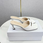 DIOR 26S HIGH-HEELED MULES IN WHITE SATIN GOLD HARDWARE
