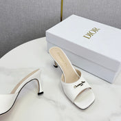 DIOR 26S HIGH-HEELED MULES IN WHITE SATIN GOLD HARDWARE