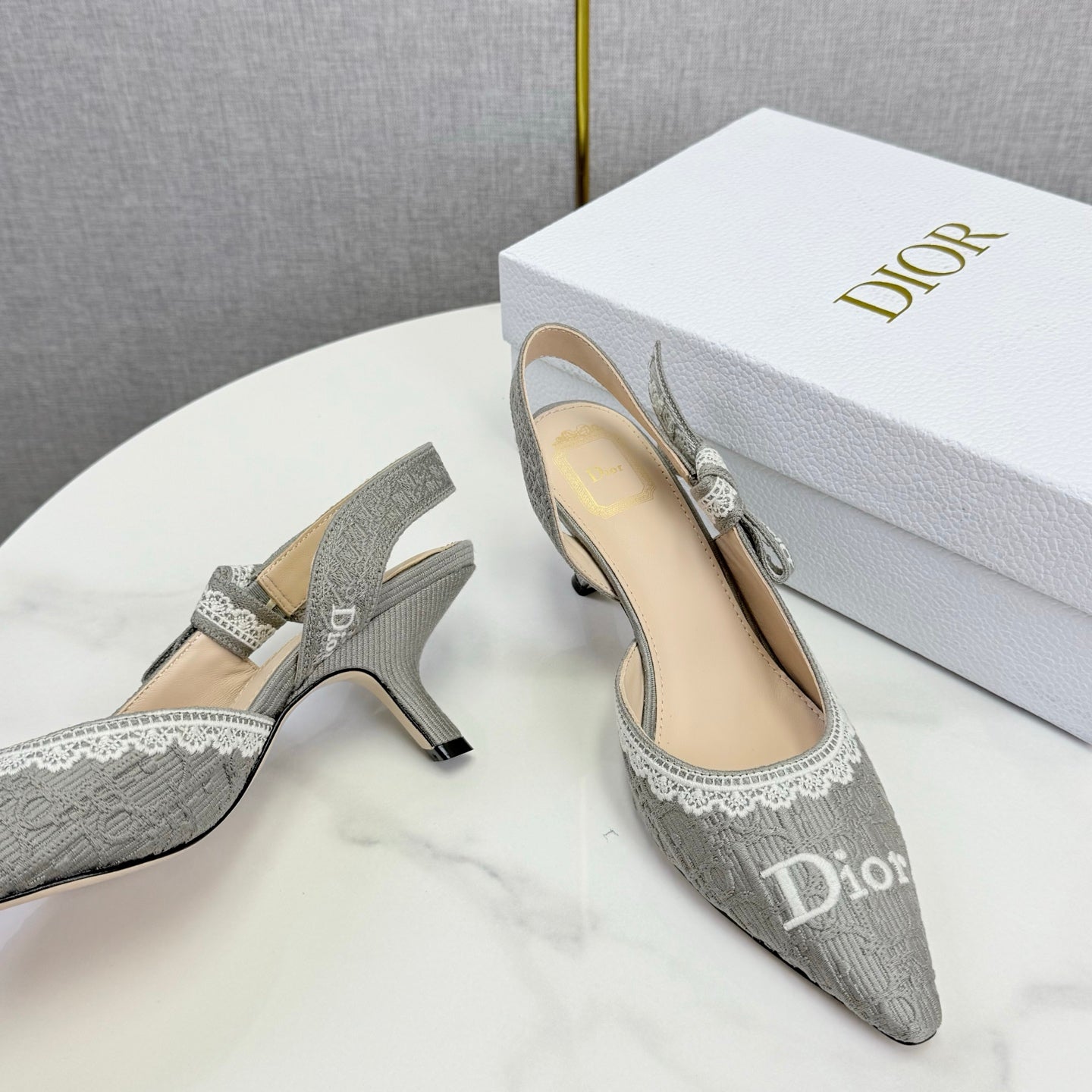DIOR 26S SLINGBACK PUMPS IN GRAY FABRIC EMBOSSED LOGO