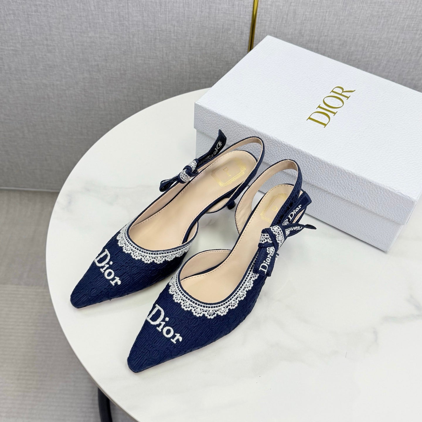 DIOR 26S SLINGBACK PUMPS IN NAVY BLUE FABRIC EMBOSSED LOGO