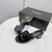 CHANEL 26S BLOCK HEEL SANDALS 40 MM IN BLACK PATENT CALFSKIN