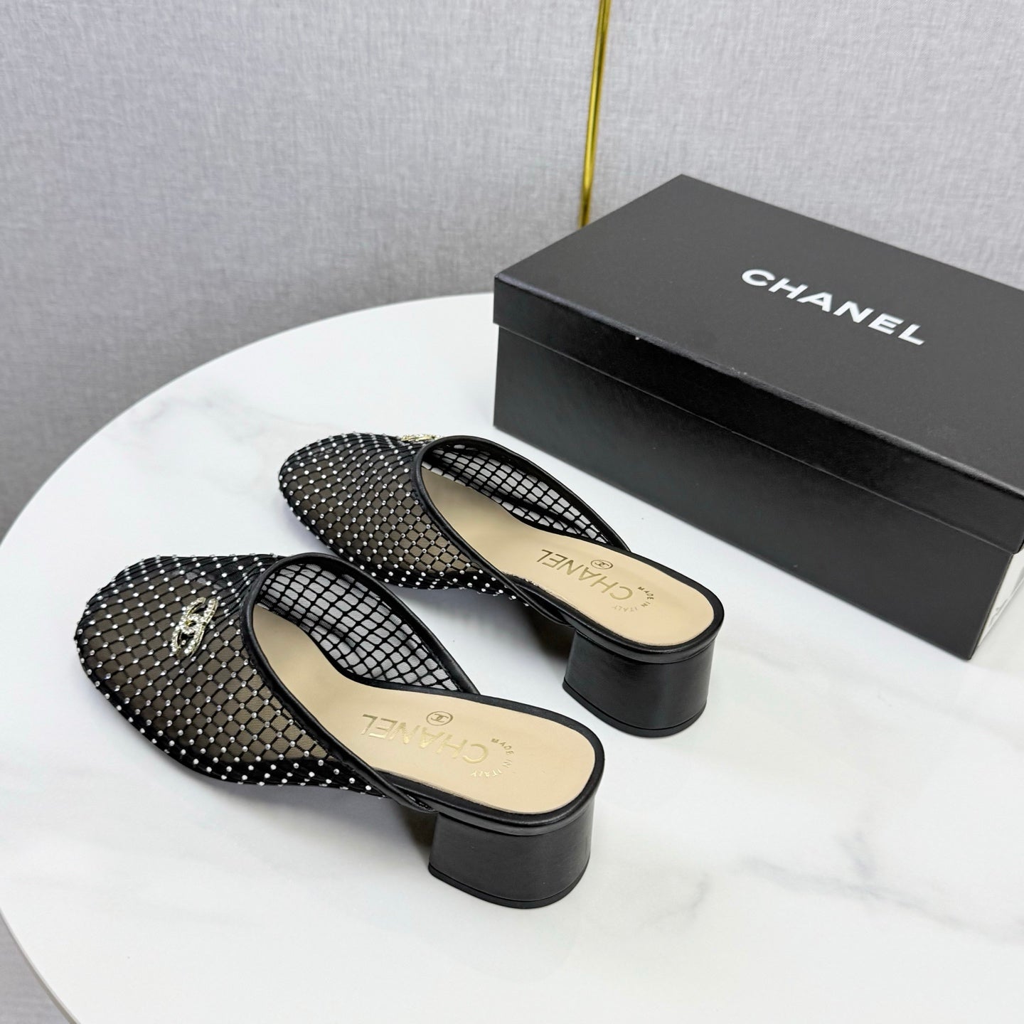 CHANEL 26S MESH HIGH HEEL MULES IN BLACK LAMBSKIN
