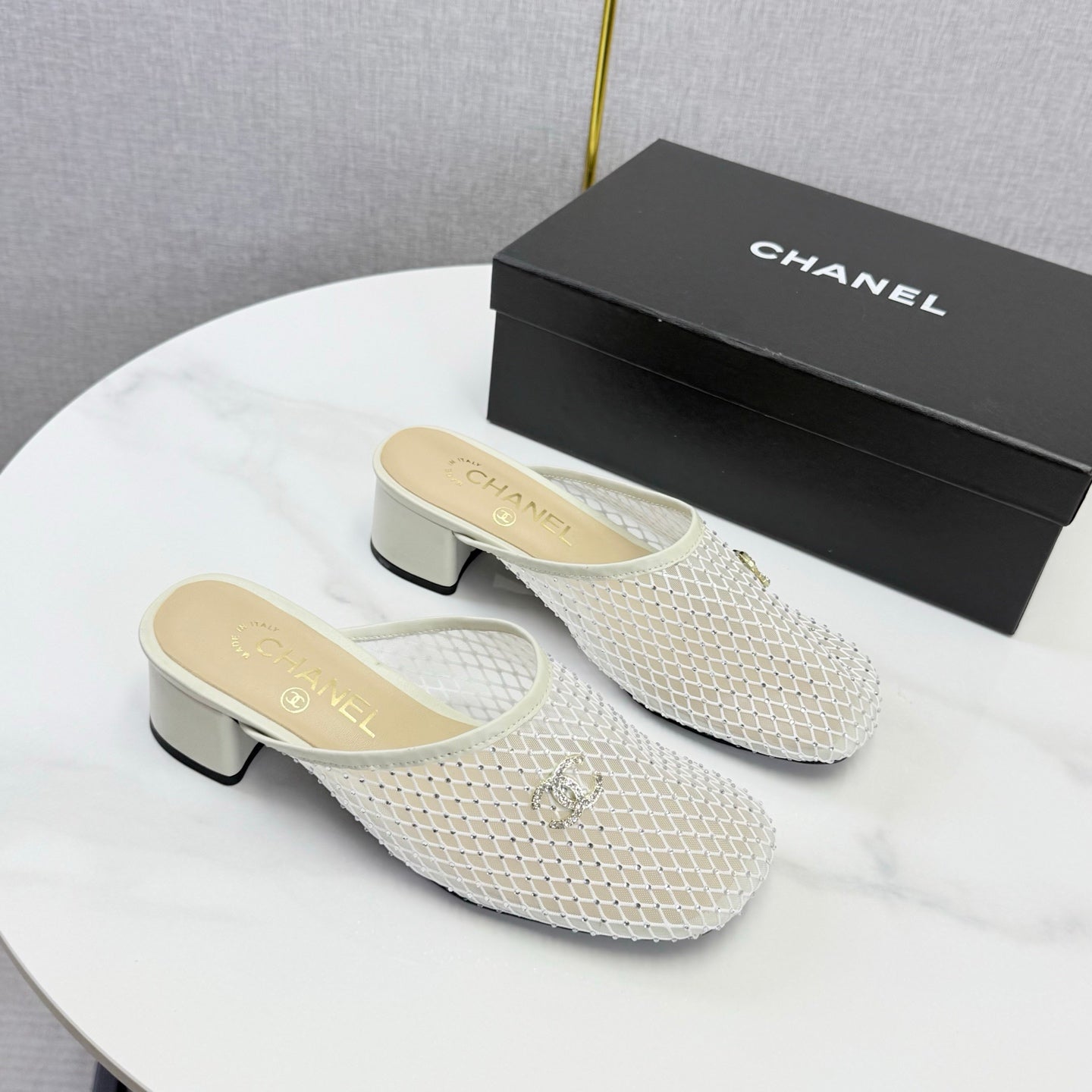 CHANEL 26S MESH HIGH HEEL MULES IN WHITE LAMBSKIN
