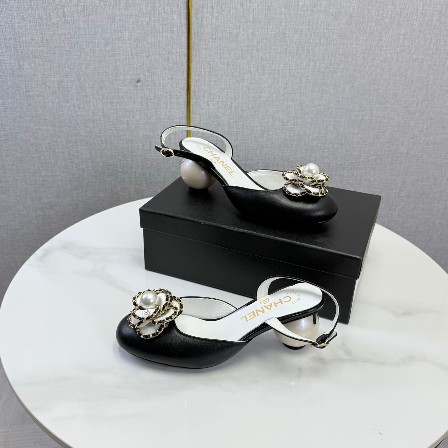 CHANEL 26S CAMELLIA PEARL SLINGBACKS IN BLACK CALFSKIN