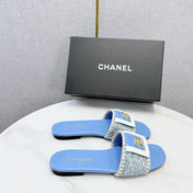 CHANEL 26S WOVEN STRAP SLIDES IN SKY BLUE LAMBSKIN