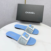 CHANEL 26S WOVEN STRAP SLIDES IN SKY BLUE LAMBSKIN
