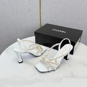 CHANEL 26S CHAIN STRAP HIGH HEELS 65 MM IN WHITE LAMBSKIN