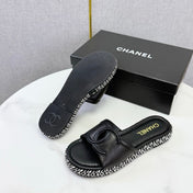 CHANEL 26S PLATFORM SLIDES IN BLACK LAMBSKIN WITH CC LOGO