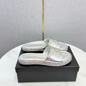CHANEL 26S PLATFORM SLIDES IN SILVER LAMBSKIN WITH CC LOGO