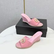 CHANEL 26S WEDGE HEELS IN PINK SUEDE WITH CC PEARL EMBELLISHED