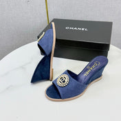 CHANEL 26S WEDGE HEELS IN DARK BLUE SUEDE WITH CC PEARL EMBELLISHED