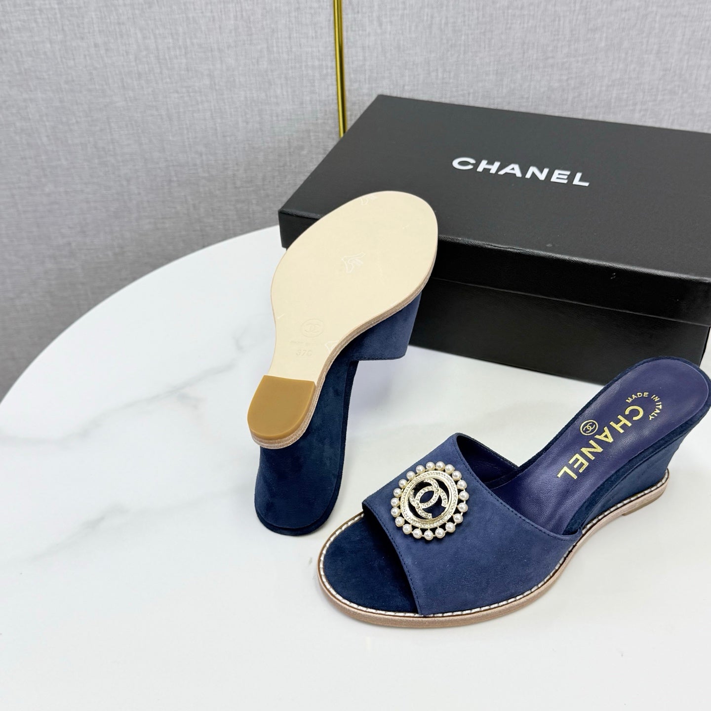 CHANEL 26S WEDGE HEELS IN DARK BLUE SUEDE WITH CC PEARL EMBELLISHED