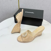CHANEL 26S WEDGE HEELS IN BEIGE SUEDE WITH CC PEARL EMBELLISHED