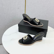 CHANEL 26S WEDGE HEELS IN BLACK LAMBSKIN WITH CC PEARL EMBELLISHED