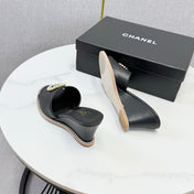 CHANEL 26S WEDGE HEELS IN BLACK LAMBSKIN WITH CC PEARL EMBELLISHED