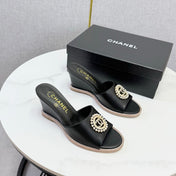 CHANEL 26S WEDGE HEELS IN BLACK LAMBSKIN WITH CC PEARL EMBELLISHED