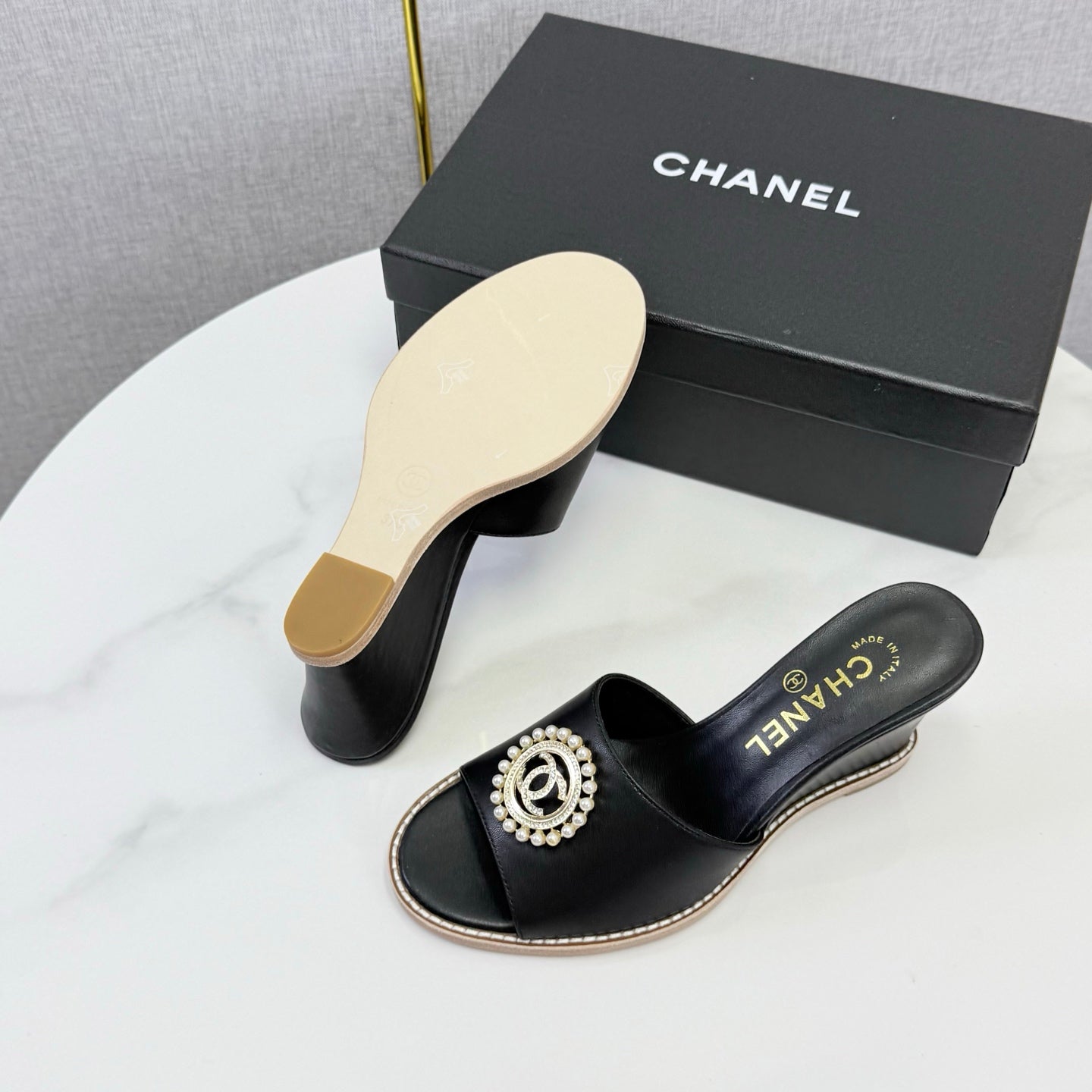 CHANEL 26S WEDGE HEELS IN BLACK LAMBSKIN WITH CC PEARL EMBELLISHED