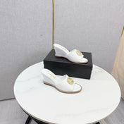 CHANEL 26S WEDGE HEELS IN WHITE LAMBSKIN WITH CC PEARL EMBELLISHED