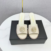 CHANEL 26S WEDGE HEELS IN LIGHT BEIGE SUEDE WITH CC PEARL EMBELLISHED