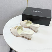 CHANEL 26S WEDGE HEELS IN LIGHT BEIGE SUEDE WITH CC PEARL EMBELLISHED