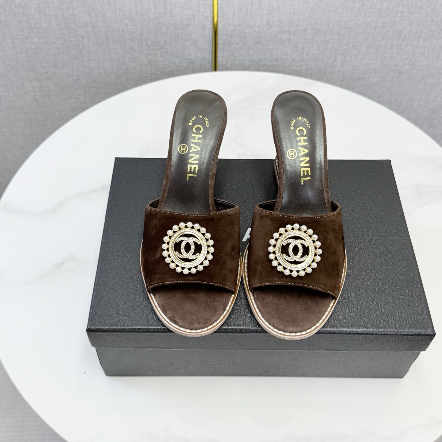 CHANEL 26S WEDGE HEELS IN DARK BROWN SUEDE WITH CC PEARL EMBELLISHED