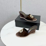 CHANEL 26S WEDGE HEELS IN DARK BROWN SUEDE WITH CC PEARL EMBELLISHED