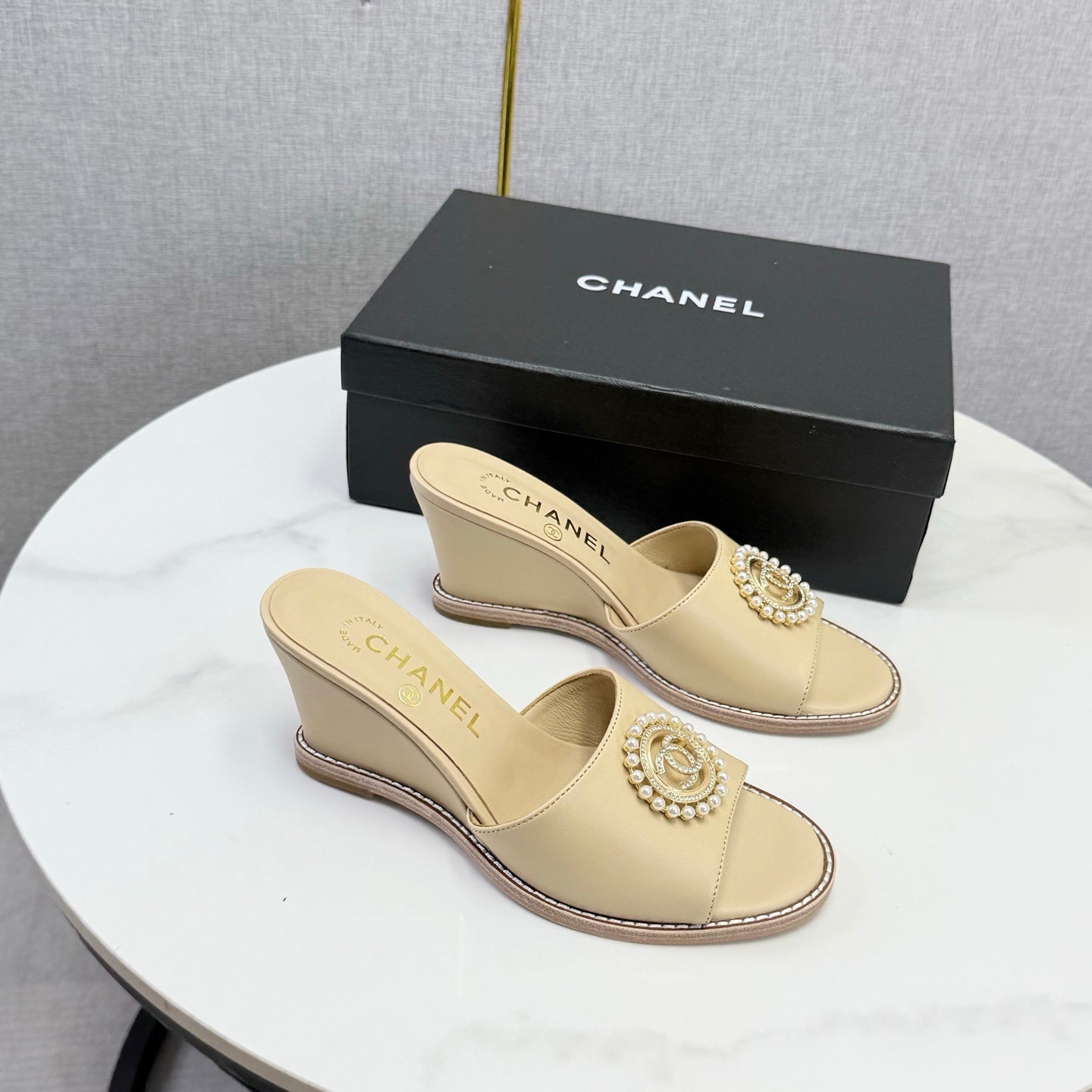 CHANEL 26S WEDGE HEELS IN BEIGE LAMBSKIN WITH CC PEARL EMBELLISHED