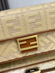 Fend Baguette Gold Tan Canvas Bag 27 with FF Embroidery Ghw