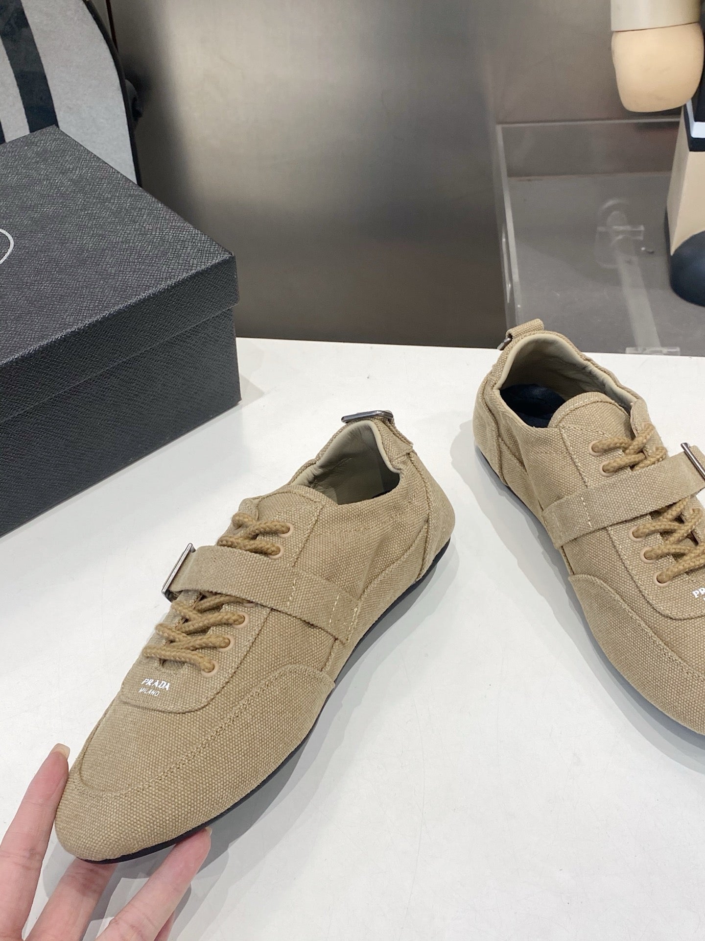 PRADA 26S SNEAKERS IN LIGHT BROWN FABRIC SILVER HARDWARE