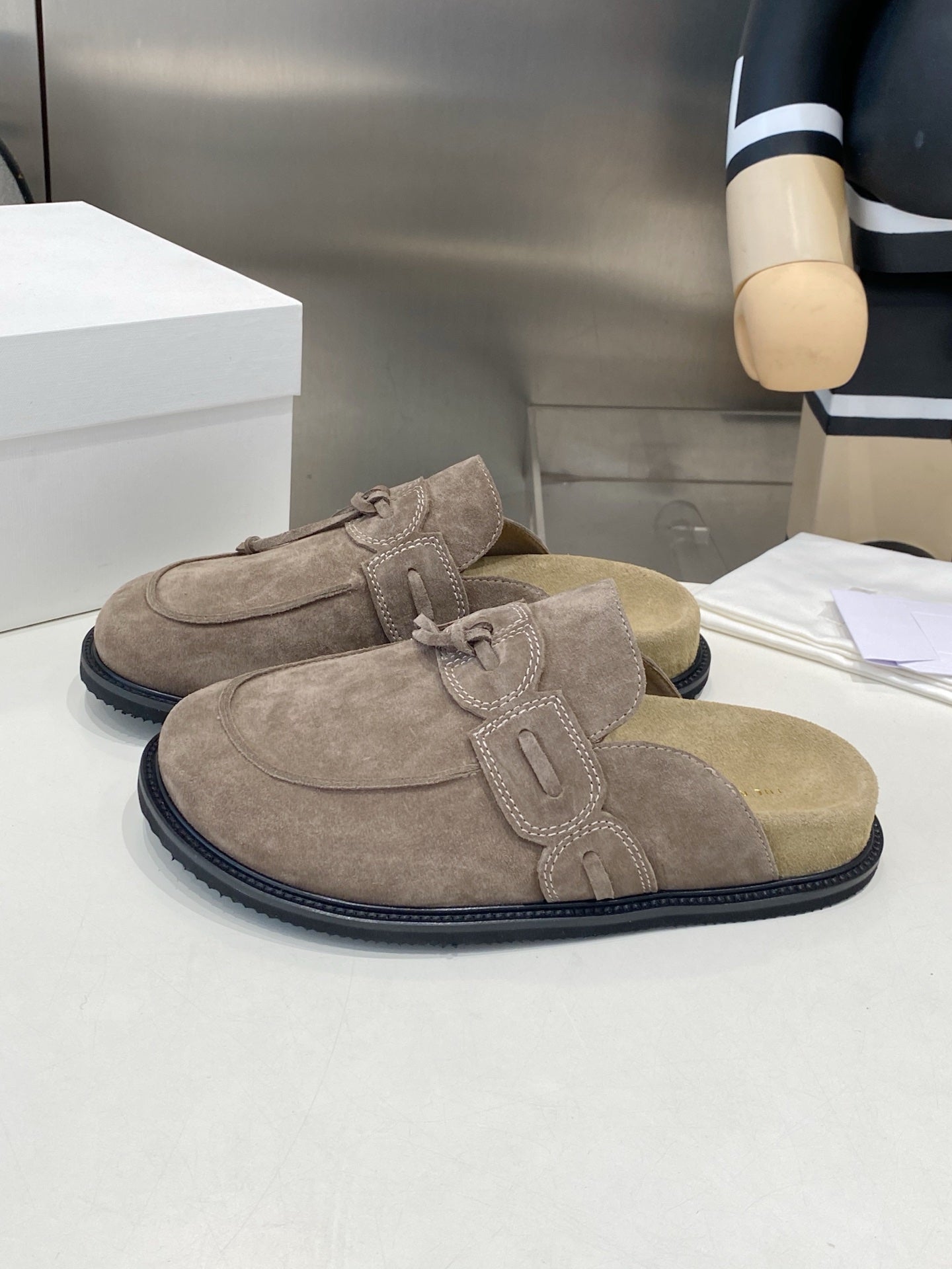 THE ROW 26S KNOT DETAIL MULE LOAFERS IN TAUPE BROWN SUEDE