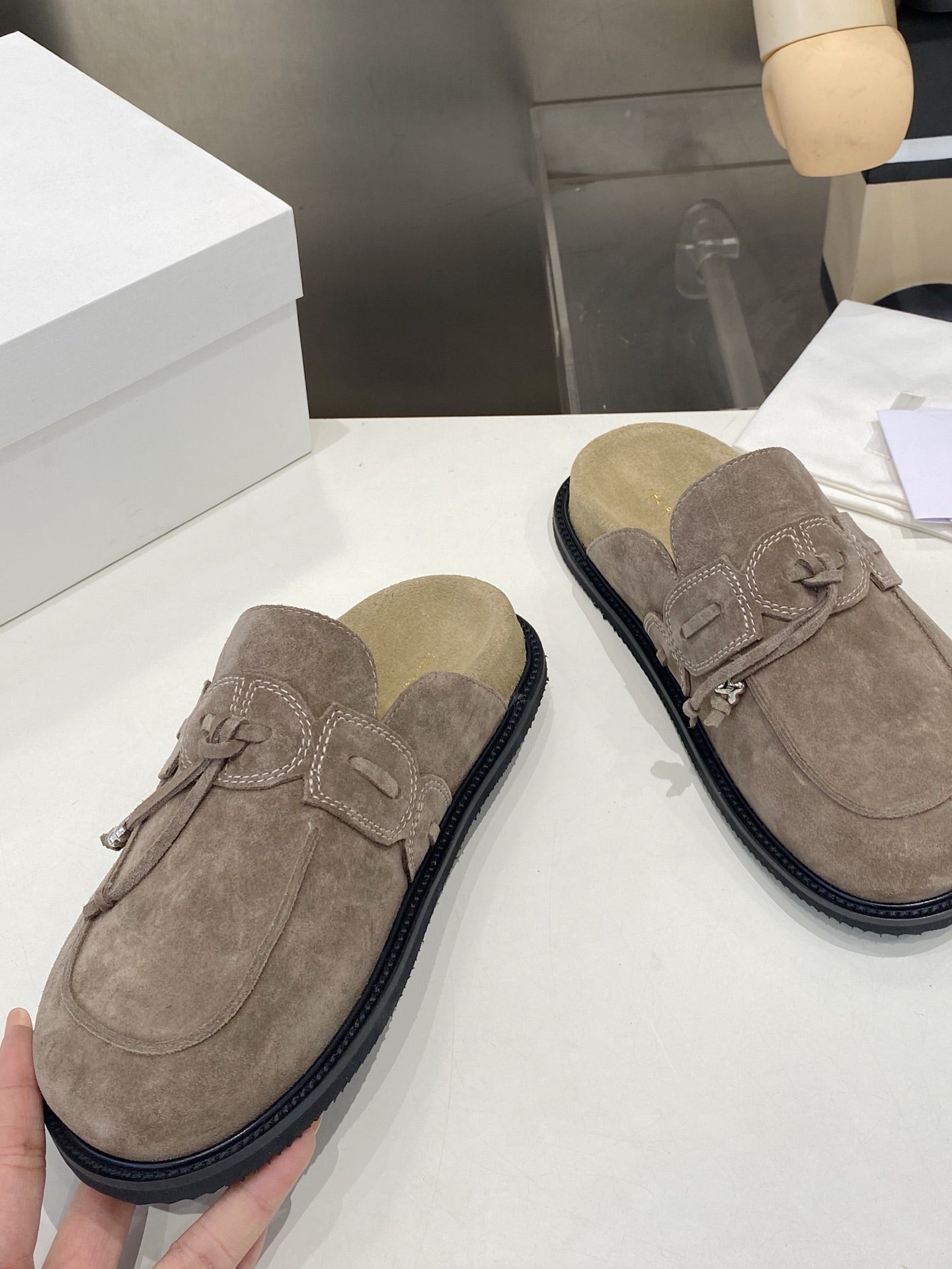 THE ROW 26S KNOT DETAIL MULE LOAFERS IN TAUPE BROWN SUEDE