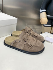 THE ROW 26S FRINGE LACE UP MULES IN TAUPE BROWN SUEDE