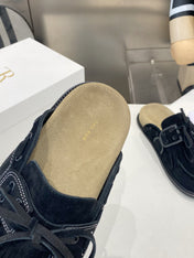 THE ROW 26S FRINGE LACE UP MULES IN BLACK SUEDE