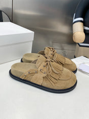 THE ROW 26S FRINGE LACE UP MULES IN SAND BEIGE SUEDE