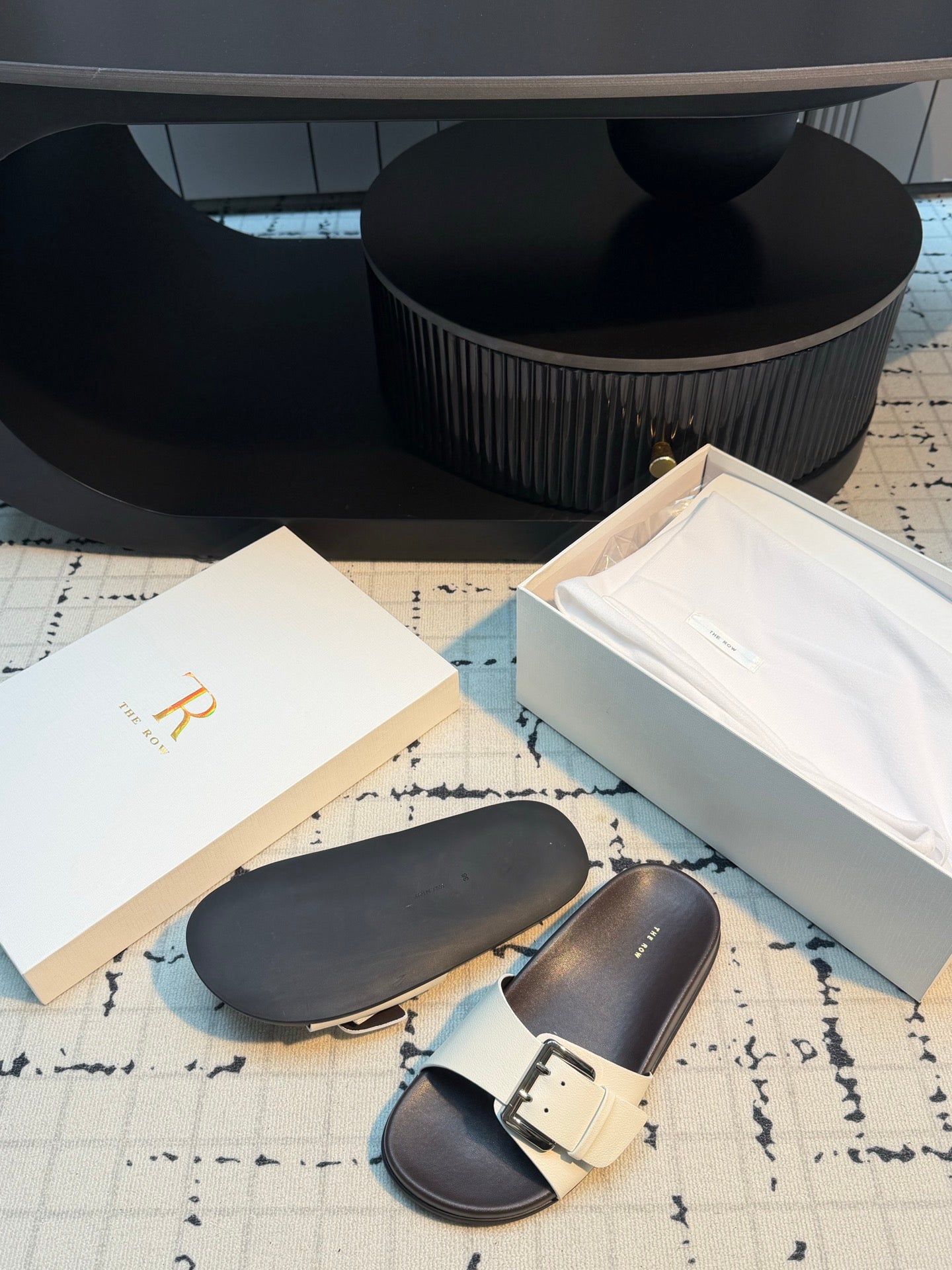 THE ROW 26S BUCKLE SLIDE SANDALS IN WHITE CALFSKIN