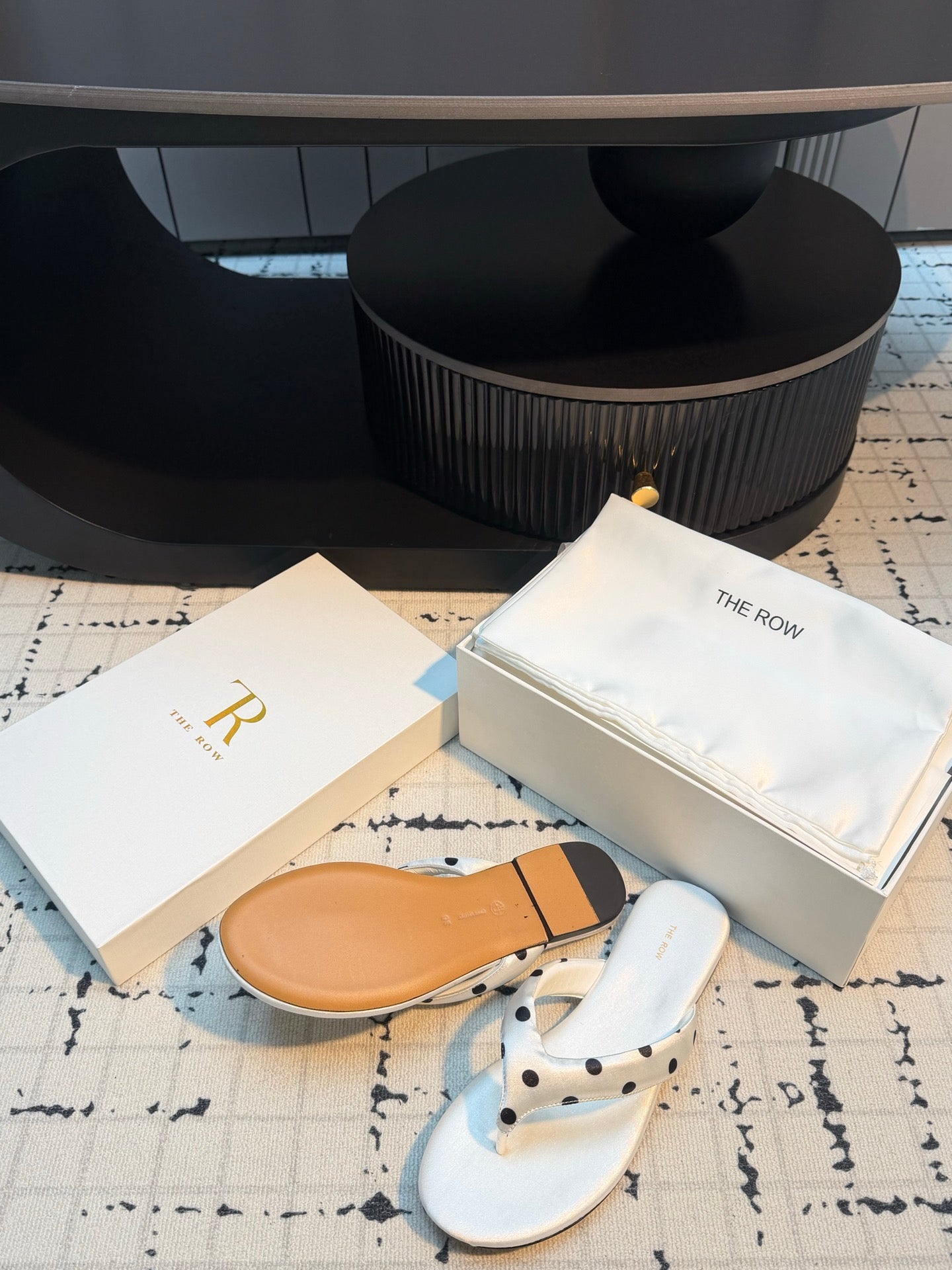 THE ROW 26S THONG SANDALS IN WHITE POLKA DOT SATIN