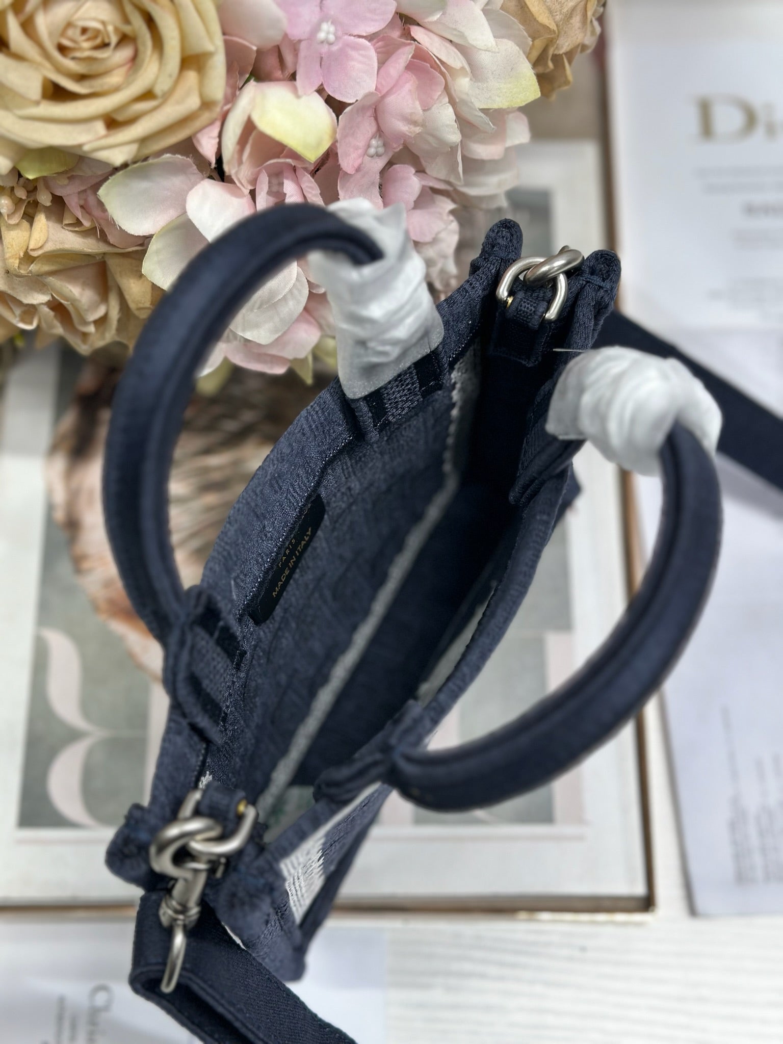DIOR 26S  BOOK TOTE BAG 20 IN NAVY BLUE AND WHITE FABRIC
