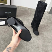CHANEL 25S HIGH BOOTS 55MM IN BLACK SUEDE AND CANVAS GOLD HARDWARE