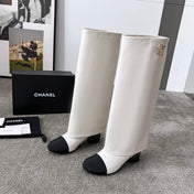 CHANEL 25S HIGH BOOTS 55MM IN IVORY BLACK CALFSKIN AND CANVAS GOLD HARDWARE