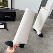 CHANEL 25S HIGH BOOTS 55MM IN IVORY BLACK CALFSKIN AND CANVAS GOLD HARDWARE