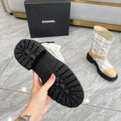 CHANEL 25S MID-CALF BOOTS 45MM IN LIGHT BROWN CALFSKIN AND WHITE TWEED GOLD HARDWARE