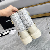 CHANEL 25S MID-CALF BOOTS 45MM IN BEIGE CALFSKIN AND WHITE TWEED GOLD HARDWRE