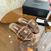 CHANEL 25S FUR SLIPPERS IN DARK BROWN LOGO GOLD HARDWARE
