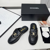 CHANEL 25S MULES WITH CHAIN DETAIL IN BLACK CALFSKIN GOLD HARDWARE