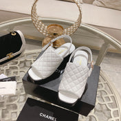 Double C  Chunky Heel Peep-Toe Open Sandals White Lambskin